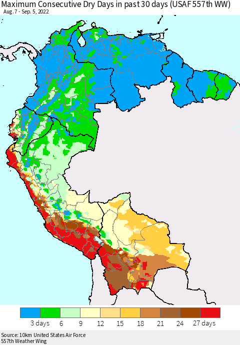 Northern South America Maximum Consecutive Dry Days in past 30 days (USAF 557th WW) 09/05/2022 Thematic Map For 9/1/2022 - 9/5/2022
