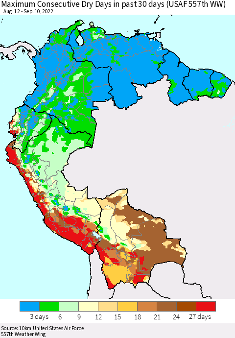 Northern South America Maximum Consecutive Dry Days in past 30 days (USAF 557th WW) 09/10/2022 Thematic Map For 9/6/2022 - 9/10/2022