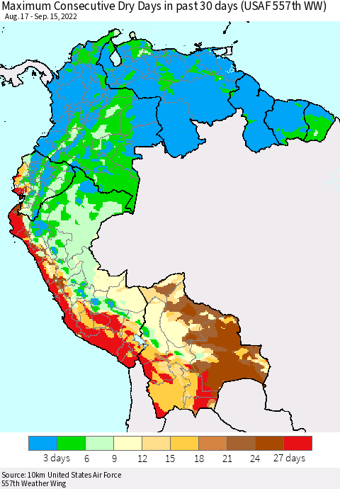 Northern South America Maximum Consecutive Dry Days in past 30 days (USAF 557th WW) 09/15/2022 Thematic Map For 9/11/2022 - 9/15/2022