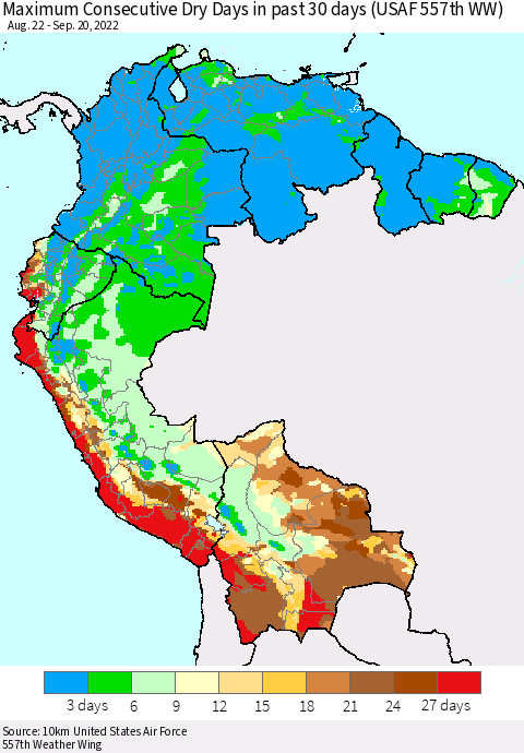 Northern South America Maximum Consecutive Dry Days in past 30 days (USAF 557th WW) 09/20/2022 Thematic Map For 9/16/2022 - 9/20/2022