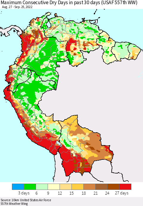 Northern South America Maximum Consecutive Dry Days in past 30 days (USAF 557th WW) 09/25/2022 Thematic Map For 9/21/2022 - 9/25/2022