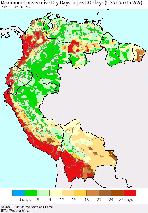 Northern South America Maximum Consecutive Dry Days in past 30 days (USAF 557th WW) 09/30/2022 Thematic Map For 9/26/2022 - 9/30/2022