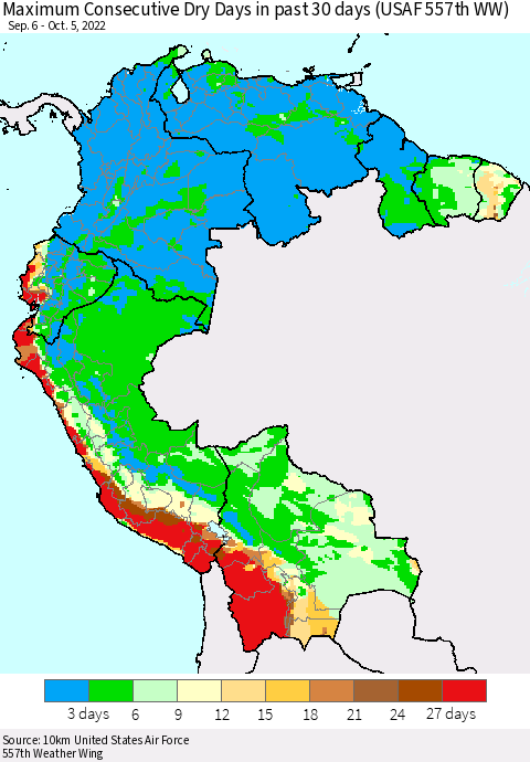 Northern South America Maximum Consecutive Dry Days in past 30 days (USAF 557th WW) 10/05/2022 Thematic Map For 10/1/2022 - 10/5/2022