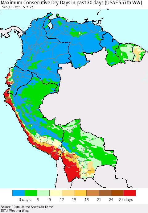 Northern South America Maximum Consecutive Dry Days in past 30 days (USAF 557th WW) 10/15/2022 Thematic Map For 10/11/2022 - 10/15/2022