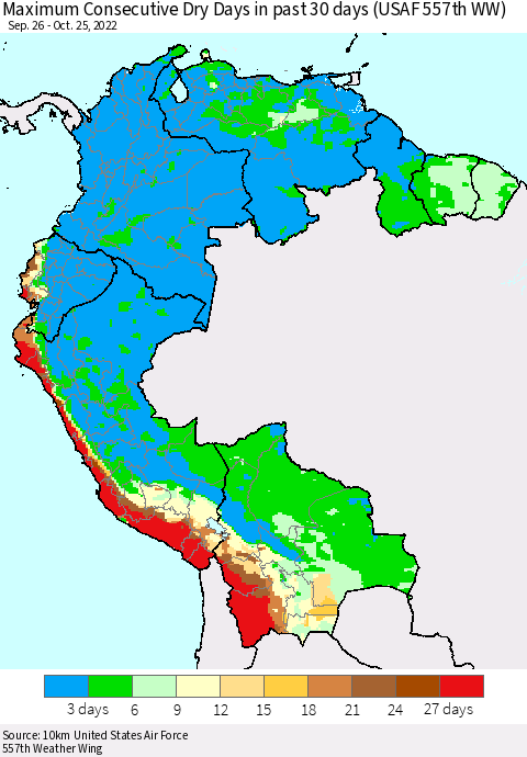 Northern South America Maximum Consecutive Dry Days in past 30 days (USAF 557th WW) 10/25/2022 Thematic Map For 10/21/2022 - 10/25/2022