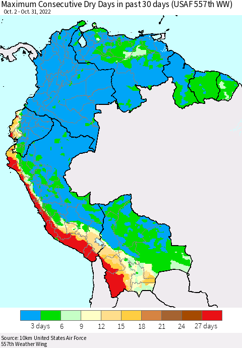 Northern South America Maximum Consecutive Dry Days in past 30 days (USAF 557th WW) 10/31/2022 Thematic Map For 10/26/2022 - 10/31/2022