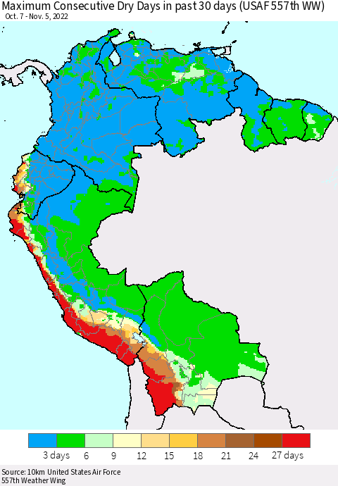 Northern South America Maximum Consecutive Dry Days in past 30 days (USAF 557th WW) 11/05/2022 Thematic Map For 11/1/2022 - 11/5/2022
