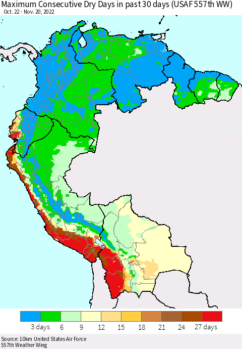 Northern South America Maximum Consecutive Dry Days in past 30 days (USAF 557th WW) Thematic Map For 11/16/2022 - 11/20/2022