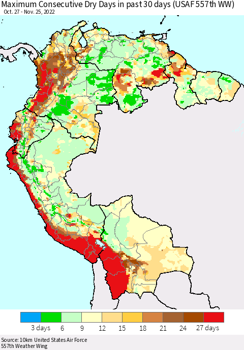 Northern South America Maximum Consecutive Dry Days in past 30 days (USAF 557th WW) 11/25/2022 Thematic Map For 11/21/2022 - 11/25/2022