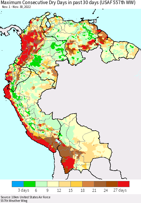 Northern South America Maximum Consecutive Dry Days in past 30 days (USAF 557th WW) 11/30/2022 Thematic Map For 11/26/2022 - 11/30/2022