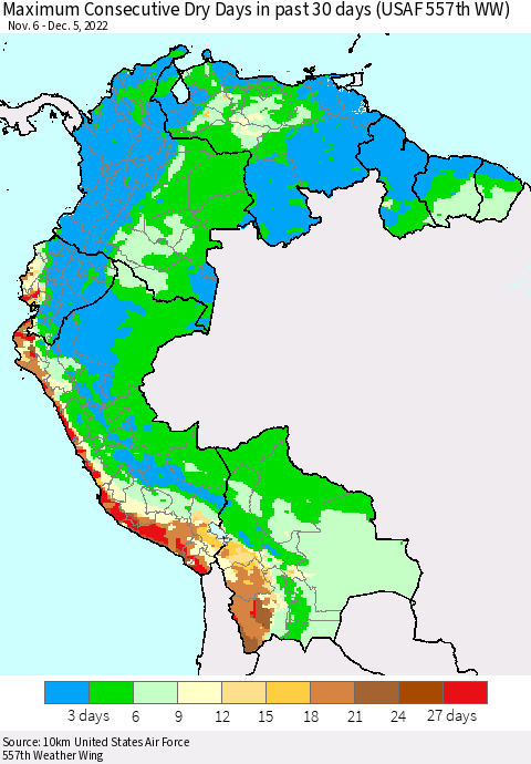 Northern South America Maximum Consecutive Dry Days in past 30 days (USAF 557th WW) 12/05/2022 Thematic Map For 12/1/2022 - 12/5/2022