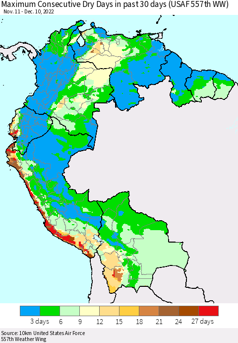 Northern South America Maximum Consecutive Dry Days in past 30 days (USAF 557th WW) 12/10/2022 Thematic Map For 12/6/2022 - 12/10/2022