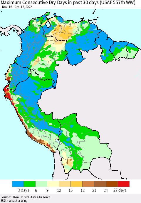 Northern South America Maximum Consecutive Dry Days in past 30 days (USAF 557th WW) 12/15/2022 Thematic Map For 12/11/2022 - 12/15/2022