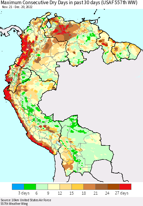 Northern South America Maximum Consecutive Dry Days in past 30 days (USAF 557th WW) 12/20/2022 Thematic Map For 12/16/2022 - 12/20/2022
