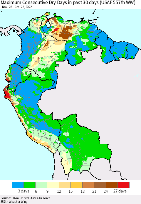 Northern South America Maximum Consecutive Dry Days in past 30 days (USAF 557th WW) 12/25/2022 Thematic Map For 12/21/2022 - 12/25/2022