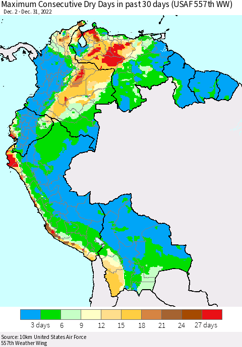 Northern South America Maximum Consecutive Dry Days in past 30 days (USAF 557th WW) 12/31/2022 Thematic Map For 12/26/2022 - 12/31/2022