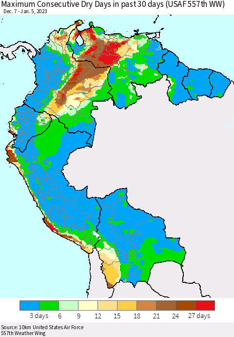Northern South America Maximum Consecutive Dry Days in past 30 days (USAF 557th WW) 01/05/2023 Thematic Map For 1/1/2023 - 1/5/2023