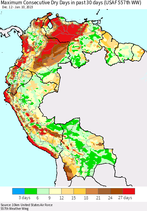 Northern South America Maximum Consecutive Dry Days in past 30 days (USAF 557th WW) 01/10/2023 Thematic Map For 1/6/2023 - 1/10/2023