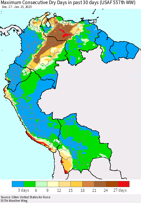 Northern South America Maximum Consecutive Dry Days in past 30 days (USAF 557th WW) 01/15/2023 Thematic Map For 1/11/2023 - 1/15/2023