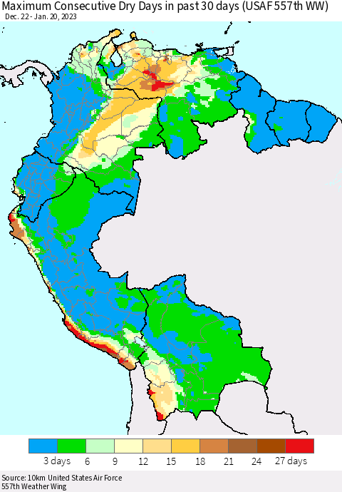 Northern South America Maximum Consecutive Dry Days in past 30 days (USAF 557th WW) 01/20/2023 Thematic Map For 1/16/2023 - 1/20/2023