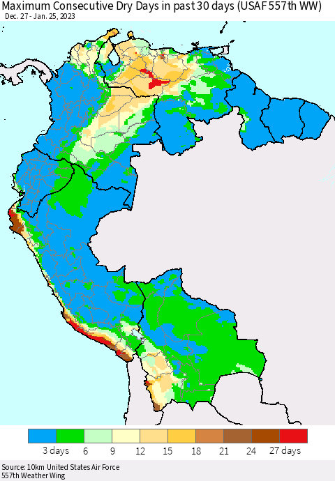 Northern South America Maximum Consecutive Dry Days in past 30 days (USAF 557th WW) 01/25/2023 Thematic Map For 1/21/2023 - 1/25/2023