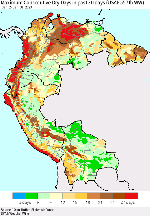 Northern South America Maximum Consecutive Dry Days in past 30 days (USAF 557th WW) 01/31/2023 Thematic Map For 1/26/2023 - 1/31/2023
