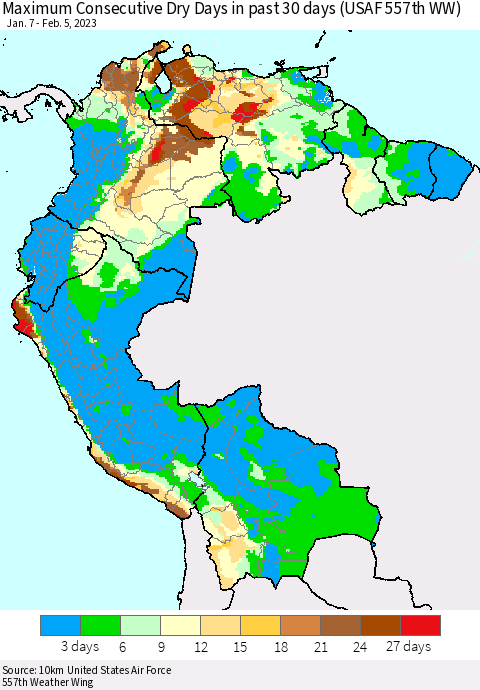 Northern South America Maximum Consecutive Dry Days in past 30 days (USAF 557th WW) 02/05/2023 Thematic Map For 2/1/2023 - 2/5/2023