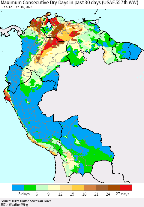 Northern South America Maximum Consecutive Dry Days in past 30 days (USAF 557th WW) 02/10/2023 Thematic Map For 2/6/2023 - 2/10/2023