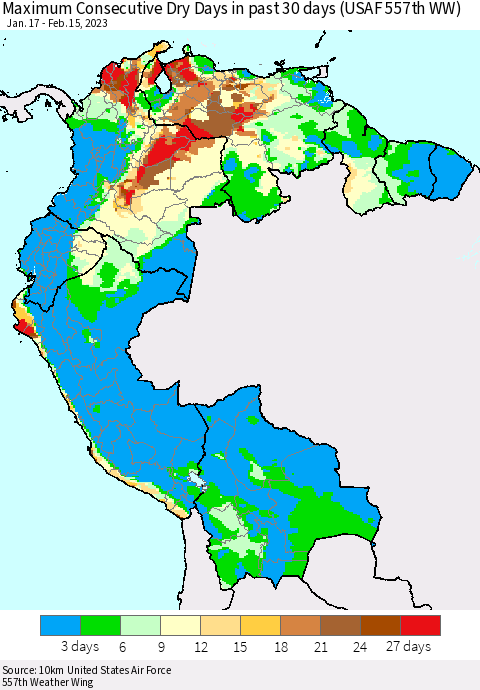 Northern South America Maximum Consecutive Dry Days in past 30 days (USAF 557th WW) 02/15/2023 Thematic Map For 2/11/2023 - 2/15/2023