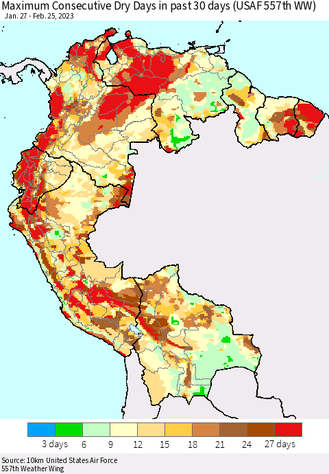 Northern South America Maximum Consecutive Dry Days in past 30 days (USAF 557th WW) 02/25/2023 Thematic Map For 2/21/2023 - 2/25/2023