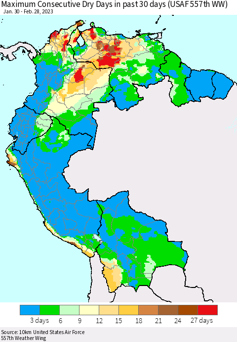 Northern South America Maximum Consecutive Dry Days in past 30 days (USAF 557th WW) 02/28/2023 Thematic Map For 2/26/2023 - 2/28/2023