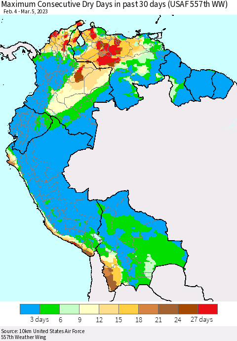 Northern South America Maximum Consecutive Dry Days in past 30 days (USAF 557th WW) 03/05/2023 Thematic Map For 3/1/2023 - 3/5/2023