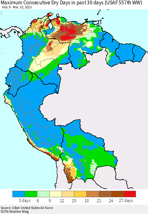 Northern South America Maximum Consecutive Dry Days in past 30 days (USAF 557th WW) 03/10/2023 Thematic Map For 3/6/2023 - 3/10/2023