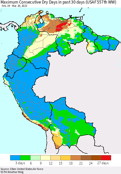 Northern South America Maximum Consecutive Dry Days in past 30 days (USAF 557th WW) 03/20/2023 Thematic Map For 3/16/2023 - 3/20/2023