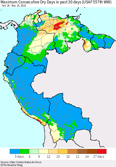 Northern South America Maximum Consecutive Dry Days in past 30 days (USAF 557th WW) 03/25/2023 Thematic Map For 3/21/2023 - 3/25/2023