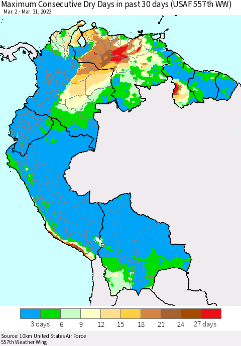 Northern South America Maximum Consecutive Dry Days in past 30 days (USAF 557th WW) 03/31/2023 Thematic Map For 3/26/2023 - 3/31/2023