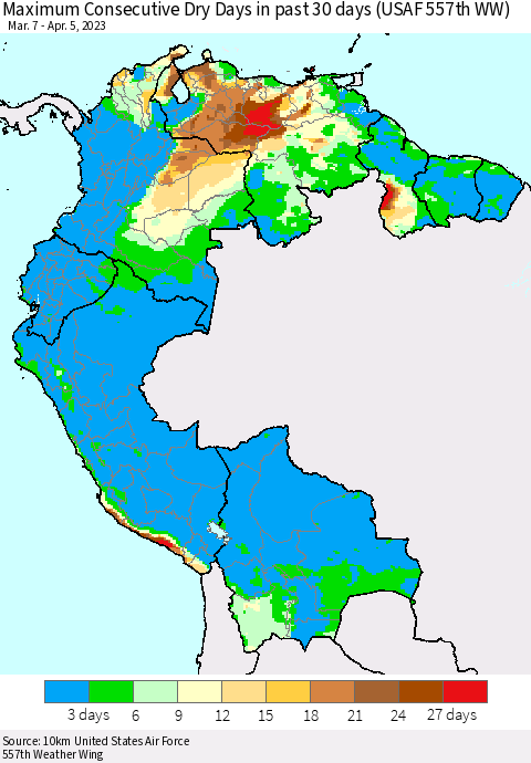 Northern South America Maximum Consecutive Dry Days in past 30 days (USAF 557th WW) 04/05/2023 Thematic Map For 4/1/2023 - 4/5/2023