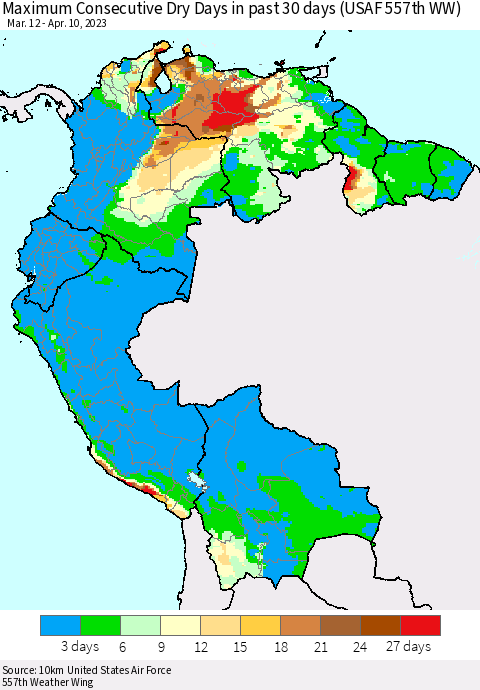 Northern South America Maximum Consecutive Dry Days in past 30 days (USAF 557th WW) 04/10/2023 Thematic Map For 4/6/2023 - 4/10/2023