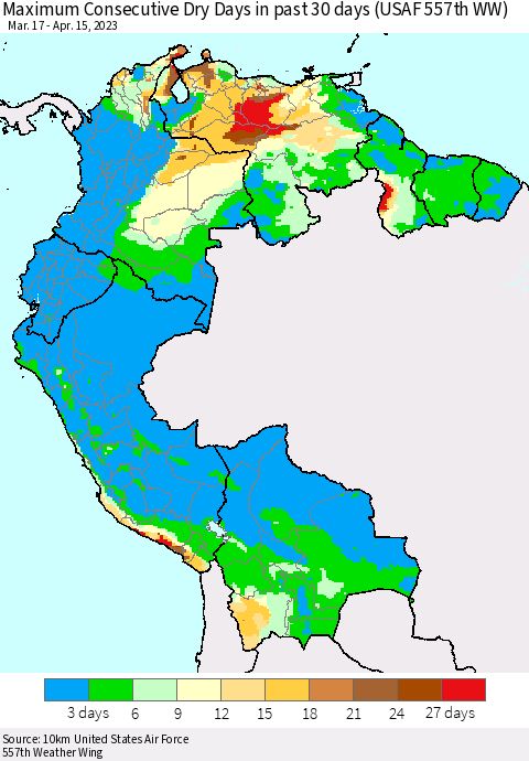 Northern South America Maximum Consecutive Dry Days in past 30 days (USAF 557th WW) 04/15/2023 Thematic Map For 4/11/2023 - 4/15/2023