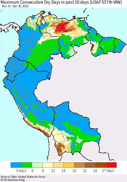 Northern South America Maximum Consecutive Dry Days in past 30 days (USAF 557th WW) 04/20/2023 Thematic Map For 4/16/2023 - 4/20/2023