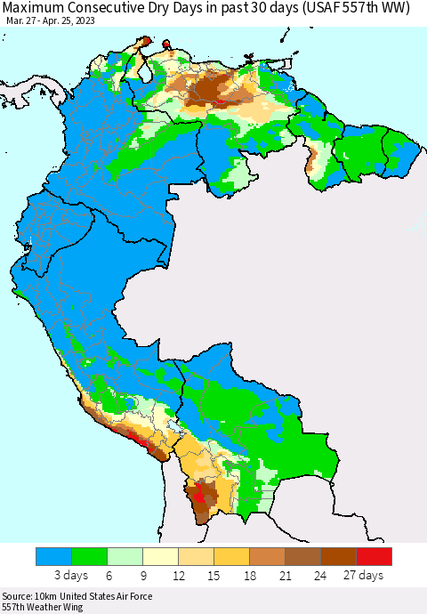 Northern South America Maximum Consecutive Dry Days in past 30 days (USAF 557th WW) 04/25/2023 Thematic Map For 4/21/2023 - 4/25/2023