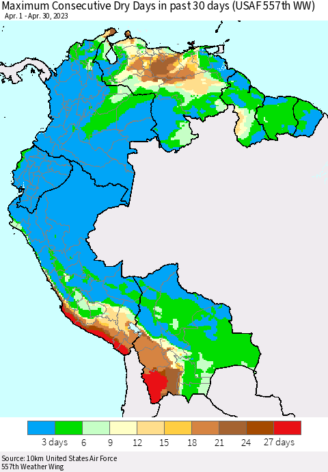 Northern South America Maximum Consecutive Dry Days in past 30 days (USAF 557th WW) 04/30/2023 Thematic Map For 4/26/2023 - 4/30/2023