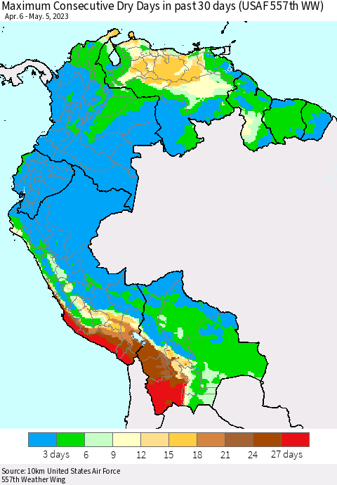 Northern South America Maximum Consecutive Dry Days in past 30 days (USAF 557th WW) 05/05/2023 Thematic Map For 5/1/2023 - 5/5/2023