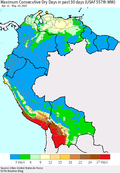 Northern South America Maximum Consecutive Dry Days in past 30 days (USAF 557th WW) 05/10/2023 Thematic Map For 5/6/2023 - 5/10/2023