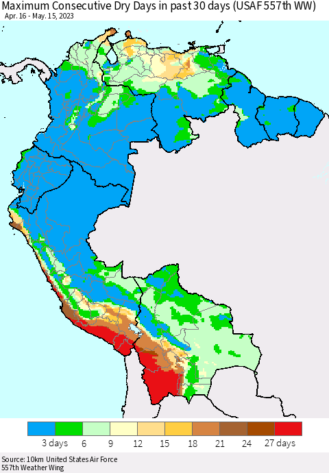 Northern South America Maximum Consecutive Dry Days in past 30 days (USAF 557th WW) 05/15/2023 Thematic Map For 5/11/2023 - 5/15/2023