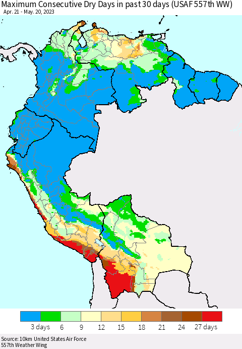 Northern South America Maximum Consecutive Dry Days in past 30 days (USAF 557th WW) 05/20/2023 Thematic Map For 5/16/2023 - 5/20/2023