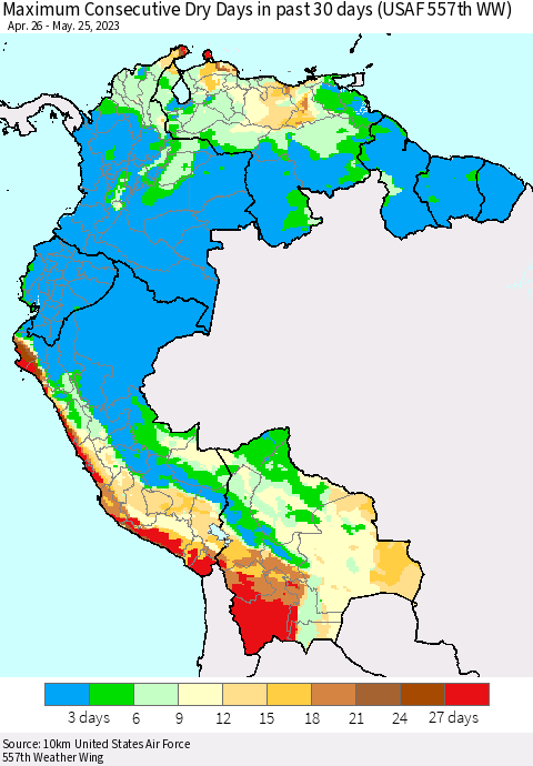 Northern South America Maximum Consecutive Dry Days in past 30 days (USAF 557th WW) 05/25/2023 Thematic Map For 5/21/2023 - 5/25/2023