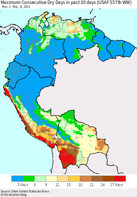 Northern South America Maximum Consecutive Dry Days in past 30 days (USAF 557th WW) 05/31/2023 Thematic Map For 5/26/2023 - 5/31/2023