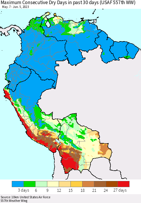 Northern South America Maximum Consecutive Dry Days in past 30 days (USAF 557th WW) 06/05/2023 Thematic Map For 6/1/2023 - 6/5/2023
