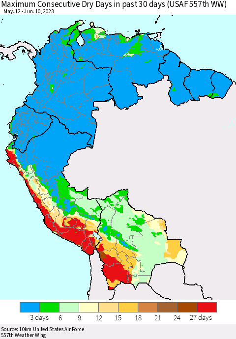 Northern South America Maximum Consecutive Dry Days in past 30 days (USAF 557th WW) 06/10/2023 Thematic Map For 6/6/2023 - 6/10/2023